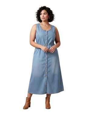 Vintage Cotton Denim Dress Large Light Wash Blue Button Front Midi Sleeveless